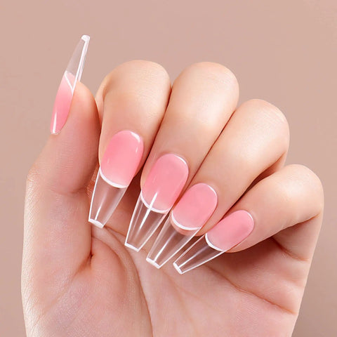 Hand with pink nail extensions using HEMA Free Builder Gel Kit With 6 Colors 15ml Each For Nail Extensions, UV LED Compatible