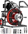 Heavy Duty Electric Drain Auger With One Hundred Foot Steel Core Snake For Two To Four Inch Pipes Five Hundred Watt Motor and High Speed Drain Cleaner Machine with accessories.