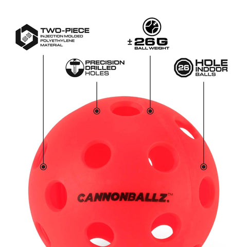 Indoor Pickleball Balls Multi-Pack – 26 Hole Fluorescent Ember Pickleball Balls with specs on two-piece design and weight.