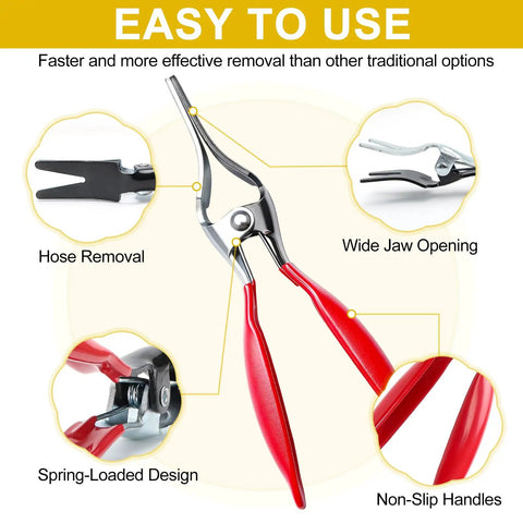 8-Piece Fuel Line Pliers Set With Hose Clamp Pliers showcasing features like wide jaw opening and non-slip handles.