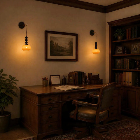 Flyrose Set of 2 Vintage Caramel Glass Wall Sconces Mid Century Modern Lamp illuminating a cozy workspace with wooden desk.