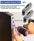 Ghost Mirror Sliding Door Hardware Kit for Concealed Systems installation with drill, lower guide roller detail, aluminum track.