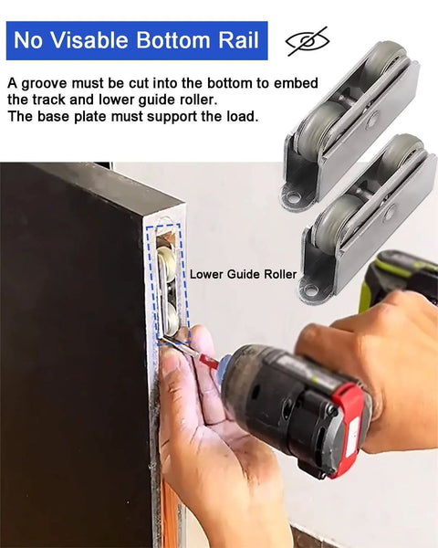 Ghost Mirror Sliding Door Hardware Kit for Concealed Systems installation with drill, lower guide roller detail, aluminum track.
