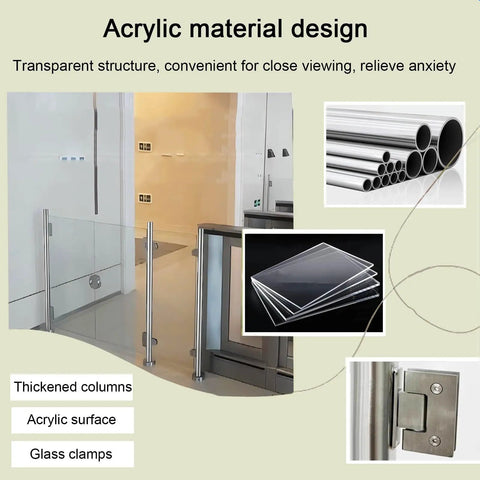 Top Shelf Metal Security Gate Featuring Heavy Duty Clear Acrylic Barriers For Warehouses Offices And Retail Spaces Built Tough With No Sweat Daily Operations, highlighting acrylic material and polished columns.