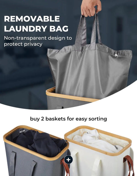 Slim Laundry Basket With Lid Collapsible Narrow Hamper With Removable Washable Bag Made Of Bamboo And Oxford Fabric 52L Gray