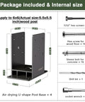 6x6 Post Base Built Tough Stainless Steel Powder Coated Post Anchor With Air Flow Channel For Deck Railing Pergolas Fence Pillar 4 Pack Internal Size 5.6 by 5.6 Inches For Extra Stability image showing package contents and internal size