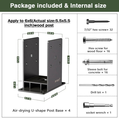 6x6 Post Base Built Tough Stainless Steel Powder Coated Post Anchor With Air Flow Channel For Deck Railing Pergolas Fence Pillar 4 Pack Internal Size 5.6 by 5.6 Inches For Extra Stability image showing package contents and internal size