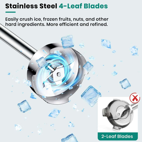 Powerful 1800 Watt Immersion Blender With Four Versatile Attachments, Blends Soups And Smoothies Without A Sweat, Crushes Ice Like A True Pro, Sleek Silver Kitchen Staple with stainless steel 4-leaf blades crushing ice.
