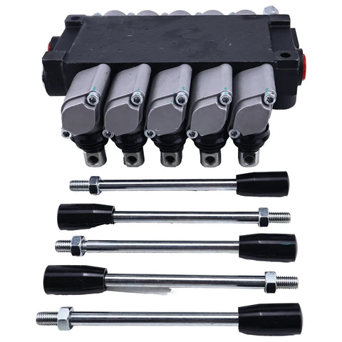 Five-spool hydraulic directional valve with open-center design and chrome push rods with black handles.