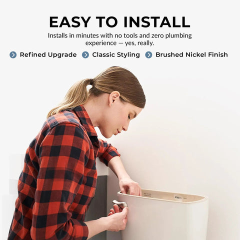 Woman installing Brushed Nickel Front Mount Toilet Handle Replacement Kit on standard toilet tank