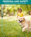 Golden retriever running with Heavy Duty 200 Foot Dog Runner With 10 Foot Tie Out Cable For Large Dogs Up To 250 Lbs. Child in background.