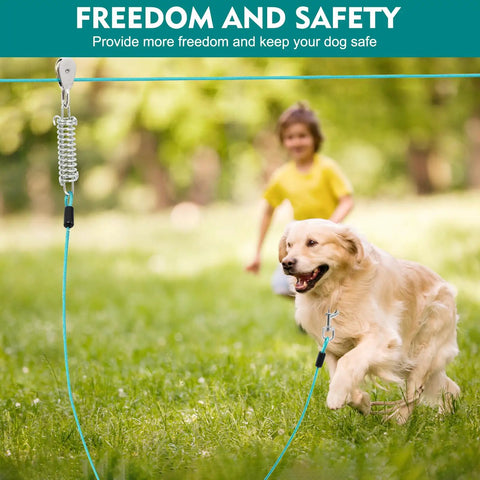 Golden retriever running with Heavy Duty 200 Foot Dog Runner With 10 Foot Tie Out Cable For Large Dogs Up To 250 Lbs. Child in background.