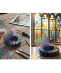 Zero Stress Stained Glass Soldering Station And Multi Angle Cutting Jig Tool with glass pieces and a gray layout plate on a wooden table.