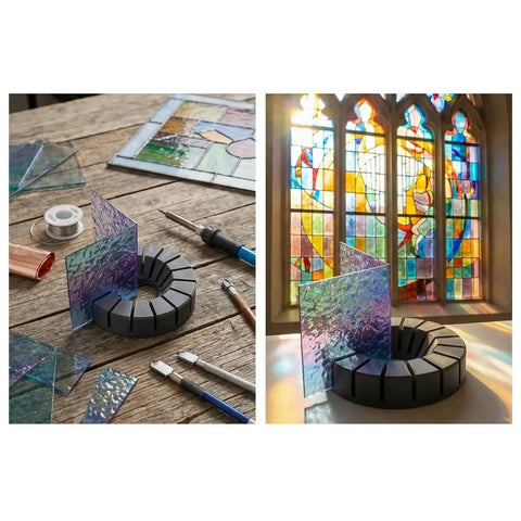 Zero Stress Stained Glass Soldering Station And Multi Angle Cutting Jig Tool with glass pieces and a gray layout plate on a wooden table.