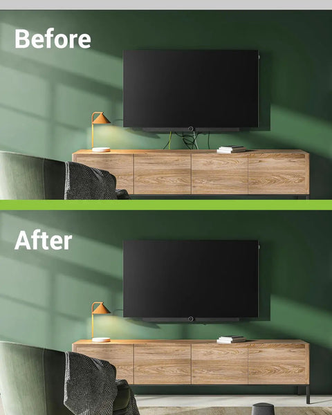 Before and after using Wall Mounted TV Cable Management Kit With In Wall Pass Through And Drill Attachment For Quick No Fuss Install White