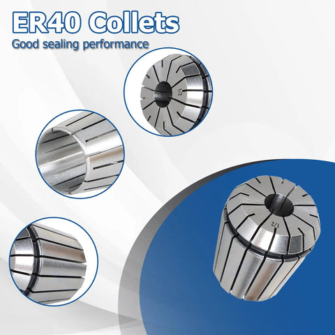 12Pcs ER40 Collets Set With Common Size Range From 1/8 To 1-1/8 Inch For Boring Milling Drilling Tapping Engraving And CNC Spindle Machines Pro Grade Quality Shop Ready 0.0003 Inch Tolerance 5um 100 Percent Tested, showing collet design details.