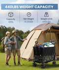 Men standing by a tent with a Heavy Duty Double Decker Wagon With 51 Inch Extender And 400L Large Capacity Collapsible Garden Cart