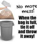 Clear Plastic Dust Collector Replacement Bags 5 Pack For Shop Pros, shown full of debris being lifted over a trash can.
