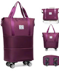 AdashinHoo expandable foldable purple duffel bag with detachable rolling wheels, front view carry-on luggage.