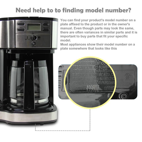 Coffee maker showing model number location for 12 Cup Replacement Glass Carafe For FlexBrew Coffee Makers Fits Models 49980A 49980Z 49983 49618 46300 46310 49976 49966 49350 49957 49954 49933 49950 Durable Cestlaive Glass