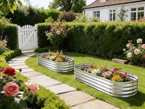 Raised Garden Bed 6 Ft By 2 Ft Metal Elevated Planter Two Pack For Vegetables Flowers And Herbs Galvanized Steel Frame No Cross Rods Needed Durable Outdoor Garden Bed Built To Last in a garden setting with flowers.