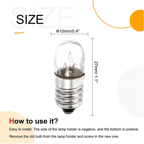 Premium E10 Miniature Bulbs 48 Volt 2 Watt Warm Yellow Light Screw Base Mini Lamps For Flashlights And Indicator Panels 15 Piece Pack close-up image of bulb size and details.