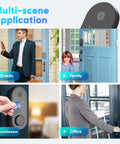 Smart Front Door Lock Set With Fingerprint Keyless Entry, Auto Locking And One Touch Lock, shown in various home settings