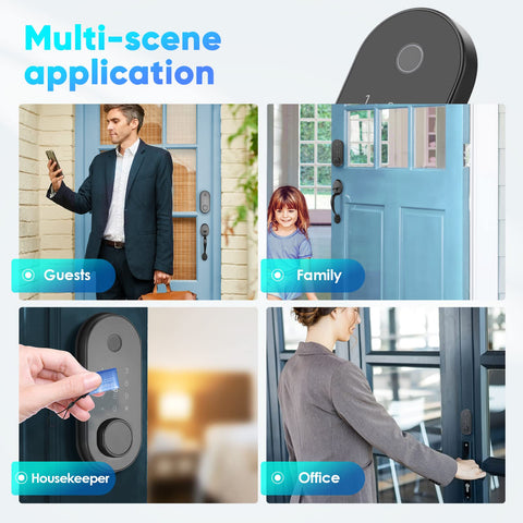 Smart Front Door Lock Set With Fingerprint Keyless Entry, Auto Locking And One Touch Lock, shown in various home settings