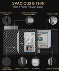 Open Pop Up Aluminum Card Wallet With RFID Blocking showing card slots, ID window, holds 10 to 15 cards and 15 bills, carbon fiber look.