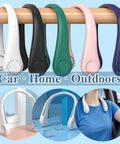 Slick Bladeless Portable Neck Fan For Car Drivers And Ev Owners Killer Hands Free Cooling With 3 Adjustable Speeds Rechargeable 1800 Mah Battery Sweet Airflow For Travel Commuting And Hot Days Keep Chill All Summer Long in multiple colors on a hanger.