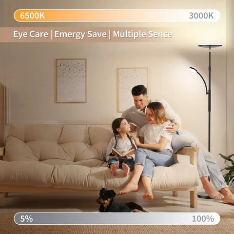 Family relaxing under a Torchiere Floor Lamp With Reading Light, 3500 Lumen LED Standing Lamp, 35W Energy Saver in living room.