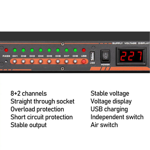 Ten Outlet Power Sequencer Conditioner With Independent Controls And Clear Digital Voltage Display For Touring Stages Amplifiers And Home Listening Rooms Us Plug Straight Up Gear Coverage Without Fry Your Amp Drama control panel showing voltage display and USB ports.
