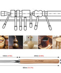 HAUTMEC 8-piece wood turning chisel set with wooden handles and steel blades; lathe diagram shown.