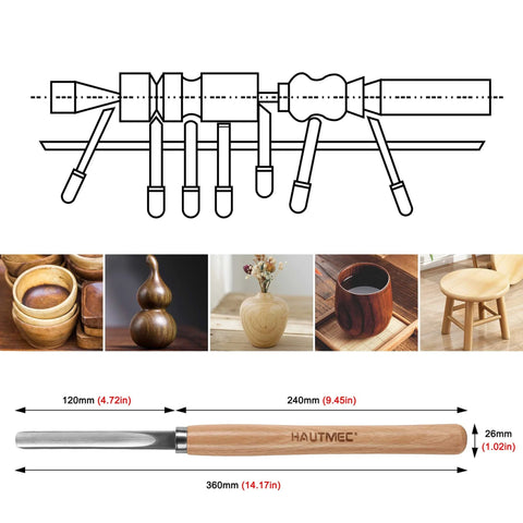HAUTMEC 8-piece wood turning chisel set with wooden handles and steel blades; lathe diagram shown.