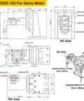 KDR200-130 dimensions for servo motor showing 4th and 5th axis configurations, heavy-duty rotary table specifications.