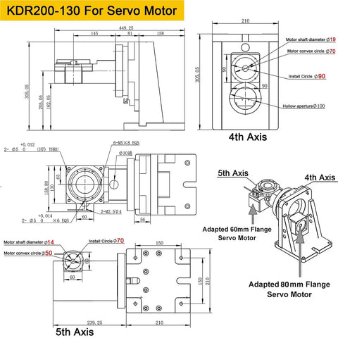 KDR200-130 dimensions for servo motor showing 4th and 5th axis configurations, heavy-duty rotary table specifications.