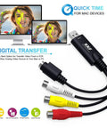 USB 2 Point 0 Video Capture Card with audio grabber, showing connectors and digital transfer for Mac and PC devices.
