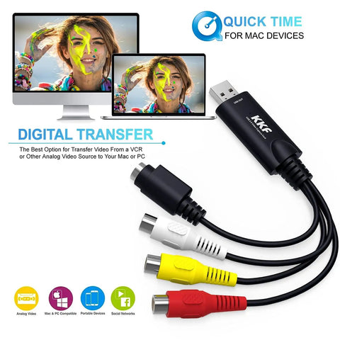 USB 2 Point 0 Video Capture Card with audio grabber, showing connectors and digital transfer for Mac and PC devices.