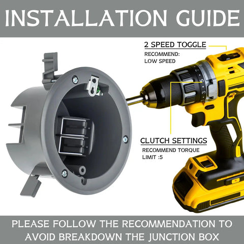12 Pack Round Non Metallic Electrical Boxes For Old Work Ceilings Four And One Quarter Inch Plastic Junction Box With 18 Cubic Inches Capacity DIY Friendly Ceiling And Wall Light Box For Quick Install shown with drill installation guide