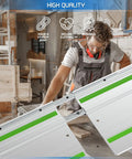 Guide Rail Connector Set Replacement For Track Saw Guide Rails Quick Secure No Fuss Link With Two Connectors Screws And Hex Key Included Precise Alignment Durable Fit For Long Lasting Cuts showing woodworker using guide rail in workshop