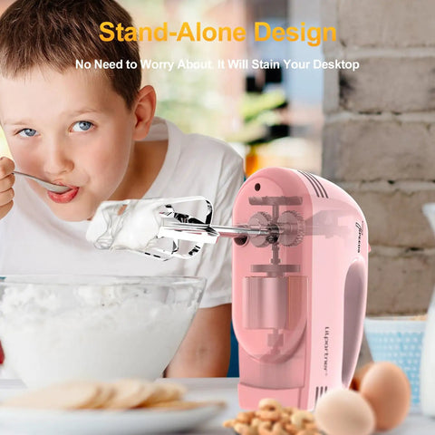 Child using hand mixer electric with seven speeds and five stainless attachments copper motor power dishwasher safe 304 parts light pink