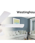 Vintage 52 Inch Indoor Ceiling Fan With Light, White Finish, in a modern living room setting, showing quiet motor and ribbed glass.
