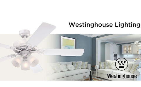 Vintage 52 Inch Indoor Ceiling Fan With Light, White Finish, in a modern living room setting, showing quiet motor and ribbed glass.