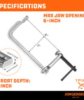 Front view of a 2-pack Jorgensen 6-inch heavy-duty bar clamps, drop-forged steel for woodworking and welding.