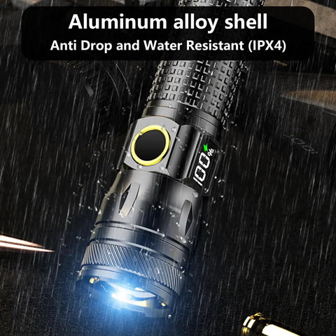 Rechargeable LED Flashlight With Digital Power Display and Zoomable Beam, USB C Charging, water-resistant aluminum body