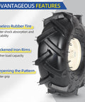 Tubeless 11x4.00-4 Tiller Tire And Wheel With 3/4 Inch Axle And 3-1/8 Inch Centered Hub For Super Lug Tractor, side view, emphasizing rubber tire and iron rim features.