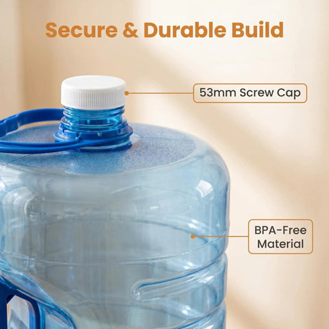 Close-up of 5 Gallon Stackable Water Jug With Easy Grip Handle And Screw Cap For Home Office Camping And Emergency Water Storage