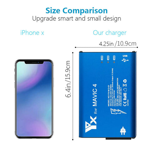 Size comparison of Parallel Fast Charger Hub For DJI Mavic 4 Pro Batteries And Remote with iPhone X dimensions shown.