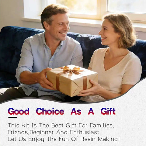 Couple exchanging a gift, promoting Backward Alphabet Molds Starter Kit With 206 Silicone Resin Molds For Epoxy Jewelry Making.