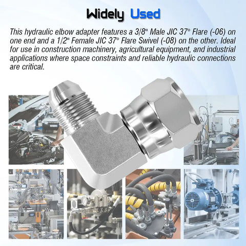 Beefed Up Hydraulic Adapter Fitting 3/8 Inch JIC 37 Degree Male To 1/2 Inch Female JIC 37 Degree Swivel SAE J514 High Pressure 3/8 To 1/2 Inch Flare Connector For Hydraulic Systems Durable And Easy Fit, carbon steel elbow fitting